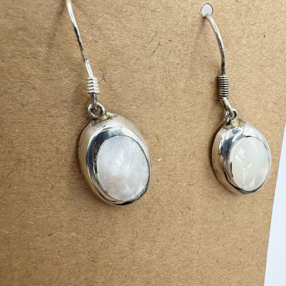 Vintage Mexican Sterling Silver Oval Mother Of Pearl Inlay Dangle Drop Earrings - Picture 7 of 14